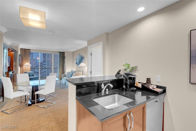 135 E Harmon Ave Unit 1621, Las Vegas, NV 89109 - kitchen featuring a sink, open floor plan, crown molding, and recessed lighting
