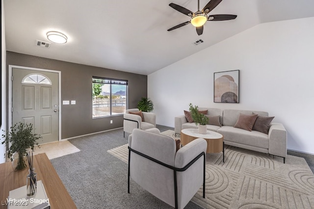 861 S Ford Loop, Pahrump, NV 89048 - carpeted living area with a ceiling fan, vaulted ceiling, and baseboards