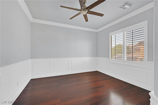 9008 Sawhill Pond St, Las Vegas, NV 89131 - unfurnished room with a ceiling fan, ornamental molding, dark wood-style floors, and wainscoting