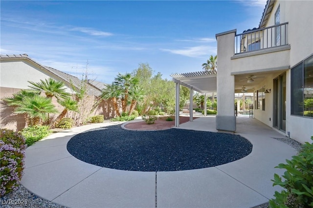 9008 Sawhill Pond St, Las Vegas, NV 89131 - fenced backyard with a balcony, a patio, a pergola, and ceiling fan