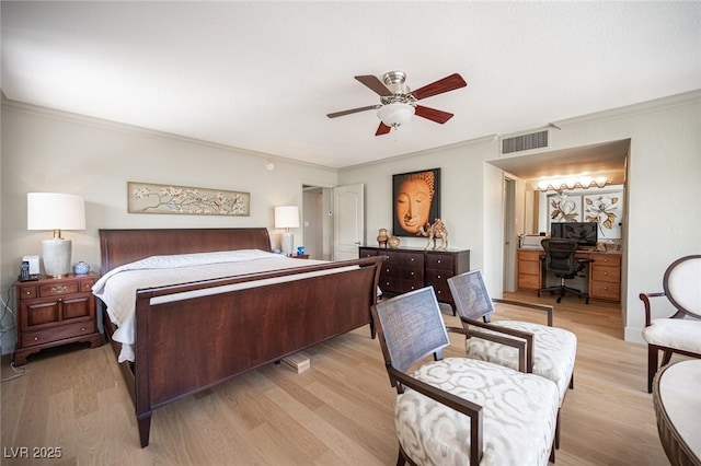 794 Oakmont Ave Unit 106, Las Vegas, NV 89109 - bedroom with light wood-style flooring, a desk, crown molding, and ceiling fan