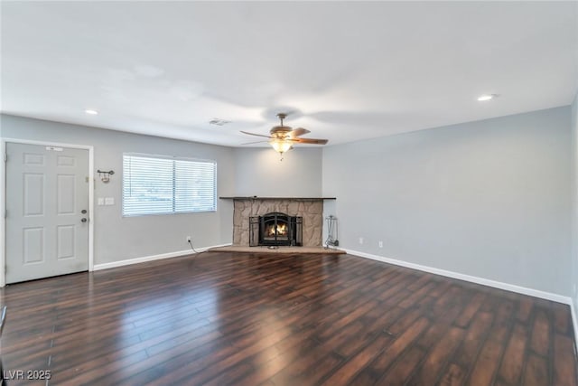 2708 Beaver Creek Ct Unit 202, Las Vegas, NV 89117 - unfurnished living room with a ceiling fan, baseboards, wood finished floors, recessed lighting, and a fireplace