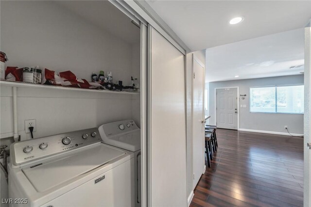 2708 Beaver Creek Ct Unit 202, Las Vegas, NV 89117 - laundry room featuring dark wood-style floors, washer and clothes dryer, recessed lighting, and baseboards