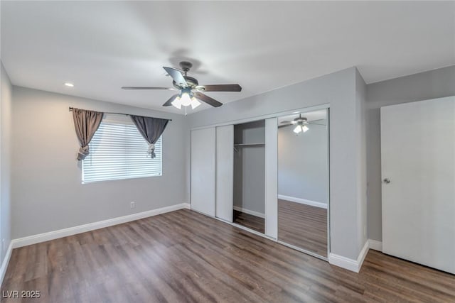 2708 Beaver Creek Ct Unit 202, Las Vegas, NV 89117 - unfurnished bedroom featuring baseboards, a closet, wood finished floors, ceiling fan, and recessed lighting