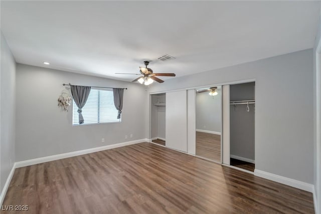 2708 Beaver Creek Ct Unit 202, Las Vegas, NV 89117 - unfurnished bedroom featuring baseboards, wood finished floors, a ceiling fan, a closet, and recessed lighting