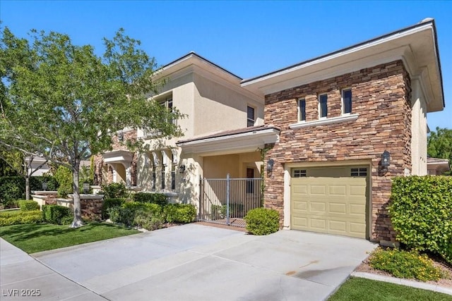 300 N Royal Ascot Dr, Las Vegas, NV 89144 - view of front of house featuring stone siding, driveway, an attached garage, and stucco siding