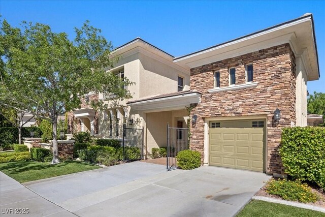 300 N Royal Ascot Dr, Las Vegas, NV 89144 - view of front of property featuring stone siding, driveway, stucco siding, a garage, and a gate