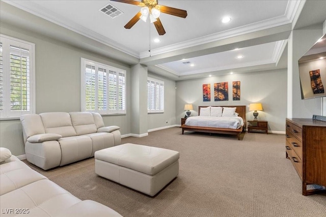 300 N Royal Ascot Dr, Las Vegas, NV 89144 - bedroom featuring crown molding, carpet, a raised ceiling, a ceiling fan, and recessed lighting