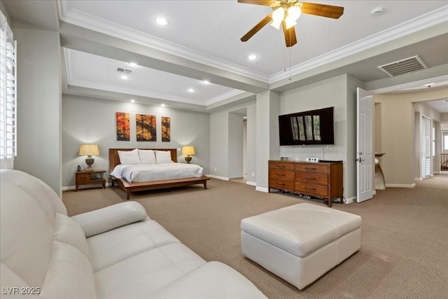 300 N Royal Ascot Dr, Las Vegas, NV 89144 - carpeted bedroom with ornamental molding, a tray ceiling, recessed lighting, and ceiling fan