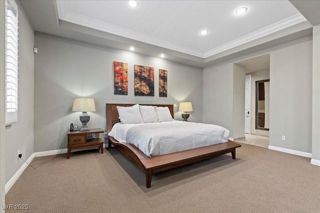 300 N Royal Ascot Dr, Las Vegas, NV 89144 - bedroom featuring ornamental molding, light colored carpet, a tray ceiling, and recessed lighting