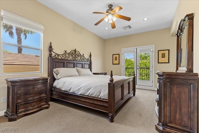 300 N Royal Ascot Dr, Las Vegas, NV 89144 - bedroom featuring access to outside, light colored carpet, recessed lighting, and a ceiling fan