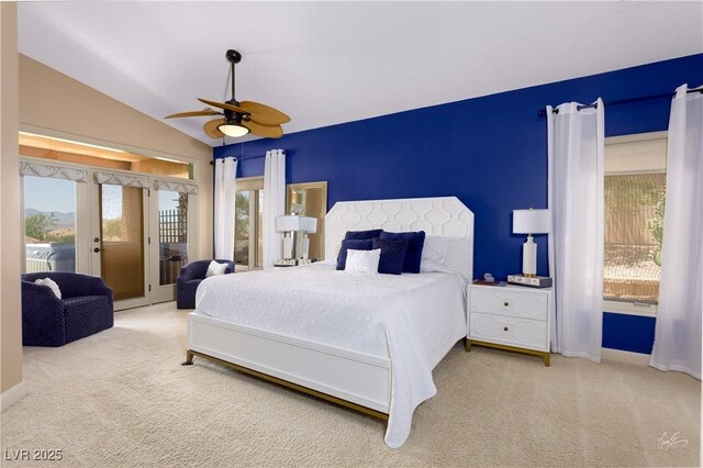 522 Via Ventana Dr, Mesquite, NV 89027 - bedroom with access to outside, carpet floors, vaulted ceiling, french doors, and a ceiling fan