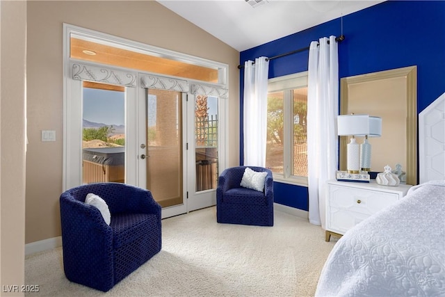 522 Via Ventana Dr, Mesquite, NV 89027 - carpeted bedroom featuring access to exterior, vaulted ceiling, french doors, and baseboards