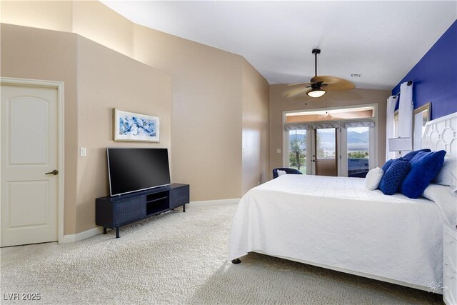 522 Via Ventana Dr, Mesquite, NV 89027 - bedroom featuring access to exterior, lofted ceiling, carpet flooring, baseboards, and ceiling fan