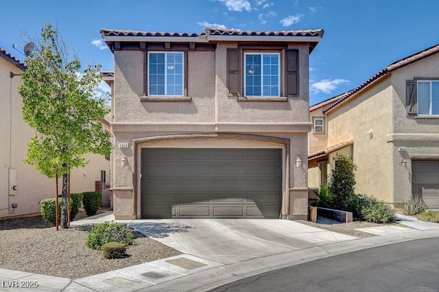 3839 Zodiacal Light St, Las Vegas, NV 89129 - view of front of property featuring a garage, stucco siding, a tile roof, and driveway