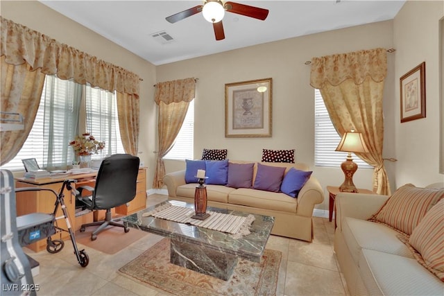 9614 Stonily Ln, Las Vegas, NV 89178 - home office featuring a ceiling fan and light tile patterned flooring