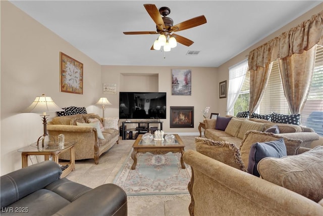 9614 Stonily Ln, Las Vegas, NV 89178 - living room featuring ceiling fan and light tile patterned flooring