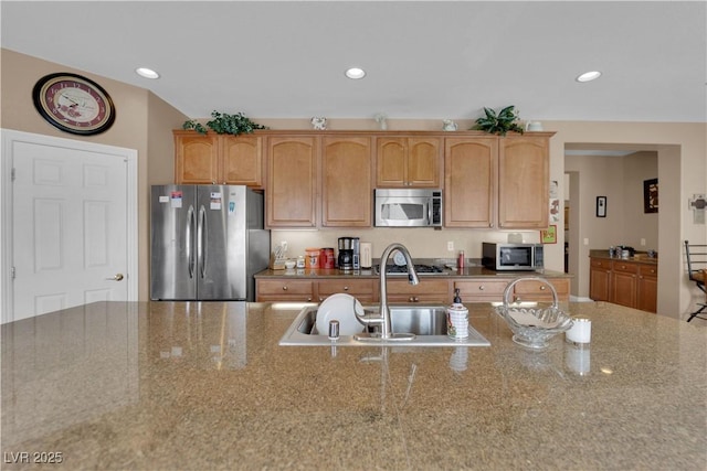 9614 Stonily Ln, Las Vegas, NV 89178 - kitchen featuring appliances with stainless steel finishes, a sink, recessed lighting, and stone counters