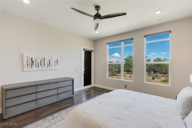 11280 Granite Ridge Dr Unit 1009, Las Vegas, NV 89135 - bedroom with wood finished floors, baseboards, recessed lighting, a ceiling fan, and access to exterior