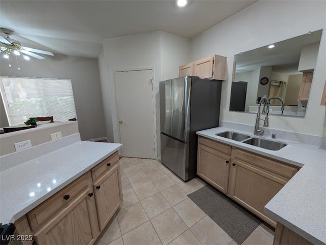 9000 Las Vegas Blvd Unit 1142, Las Vegas, NV 89123 - kitchen featuring freestanding refrigerator, light brown cabinets, a ceiling fan, and light tile patterned flooring