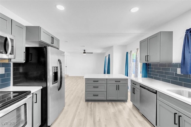 1411 Norman Ave, Las Vegas, NV 89104 - kitchen with appliances with stainless steel finishes, gray cabinetry, ceiling fan, and recessed lighting
