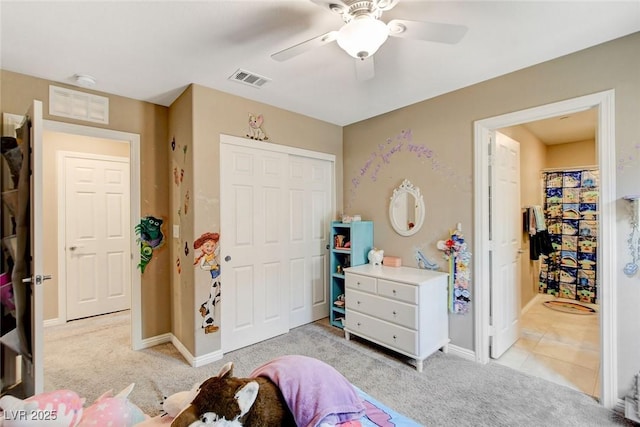 1425 Overseer Ave, Henderson, NV 89074 - bedroom featuring a closet, light colored carpet, baseboards, and ceiling fan