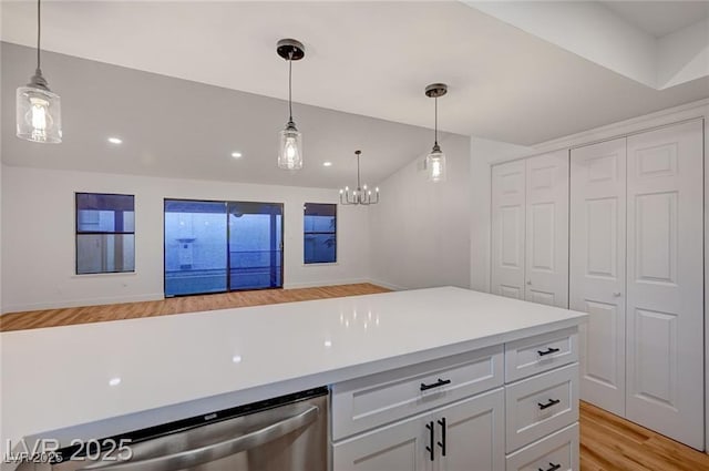 8412 Mulcahy Ave, Las Vegas, NV 89145 - kitchen featuring light wood-type flooring, dishwasher, hanging light fixtures, white cabinetry, and recessed lighting