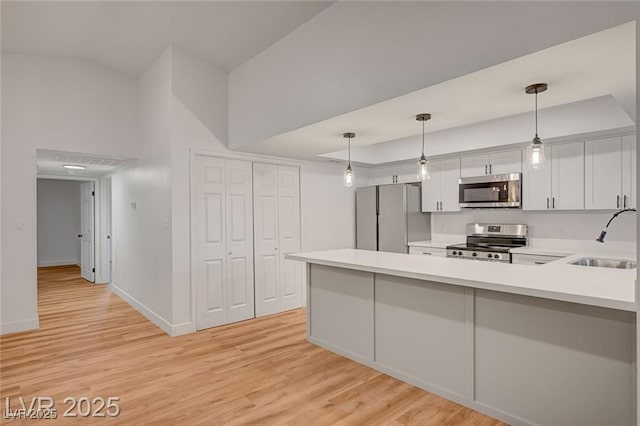 8412 Mulcahy Ave, Las Vegas, NV 89145 - kitchen featuring appliances with stainless steel finishes, a sink, a peninsula, and light wood-type flooring
