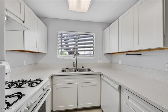 4400 W Lake Mead Blvd Unit 101, Las Vegas, NV 89108 - kitchen featuring white appliances, a sink, white cabinetry, and light countertops