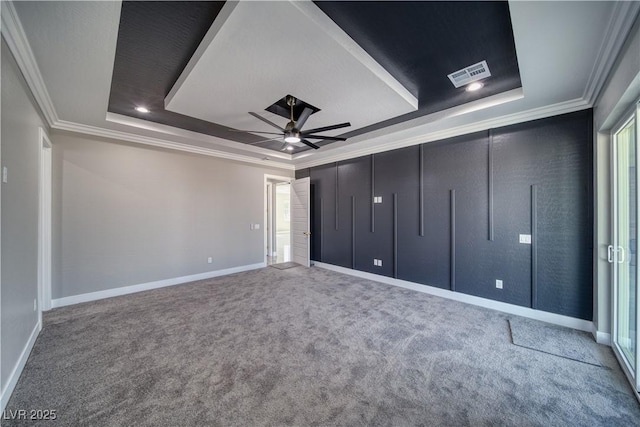 2650 Underbrush Ave, Pahrump, NV 89048 - unfurnished bedroom featuring a raised ceiling, carpet floors, crown molding, and a ceiling fan