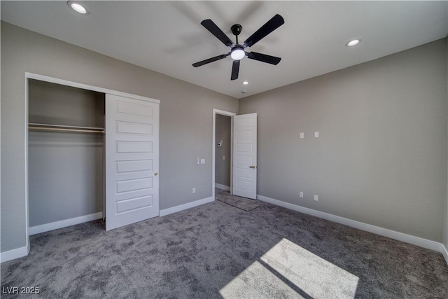 2650 Underbrush Ave, Pahrump, NV 89048 - unfurnished bedroom featuring carpet, a closet, recessed lighting, and ceiling fan