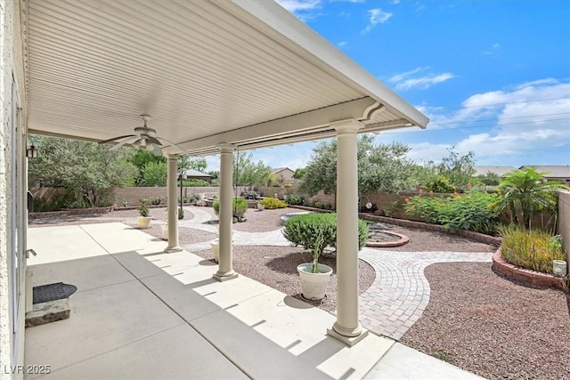 3689 Bufflehead St, Las Vegas, NV 89122 - fenced backyard featuring ceiling fan and a patio area