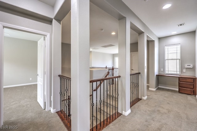 3725 Moonshine Falls Ave, North Las Vegas, NV 89085 - hall with carpet flooring, an upstairs landing, baseboards, and recessed lighting