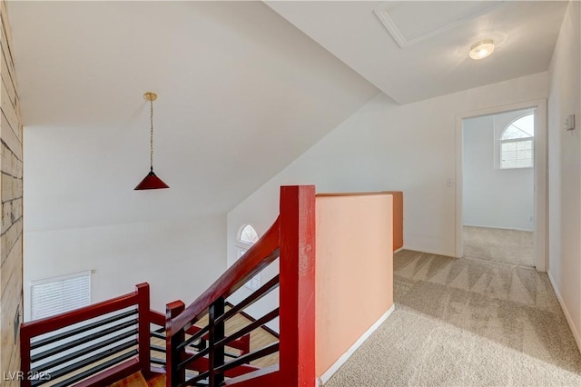 7528 Golden Yucca Dr, Las Vegas, NV 89147 - hall featuring an upstairs landing, carpet, and lofted ceiling