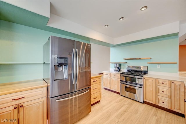7528 Golden Yucca Dr, Las Vegas, NV 89147 - kitchen with appliances with stainless steel finishes, open shelves, light brown cabinetry, light countertops, and light wood-style floors