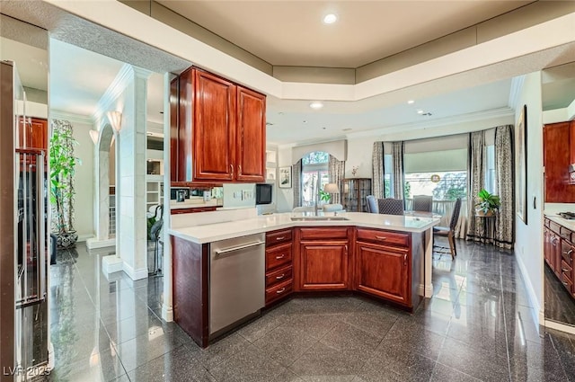 1609 Hidden Spring Dr, Las Vegas, NV 89117 - kitchen featuring stainless steel dishwasher, light countertops, crown molding, recessed lighting, and granite floors