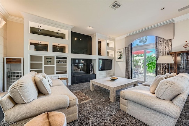 1609 Hidden Spring Dr, Las Vegas, NV 89117 - living area featuring crown molding, built in features, and carpet flooring
