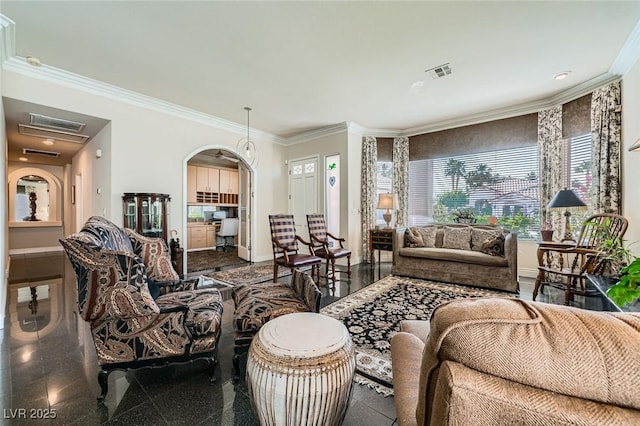 1609 Hidden Spring Dr, Las Vegas, NV 89117 - living area featuring ornamental molding, arched walkways, granite floors, and baseboards