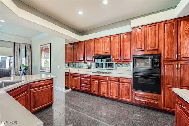 1609 Hidden Spring Dr, Las Vegas, NV 89117 - kitchen featuring black appliances, granite tiled floors, crown molding, recessed lighting, and light countertops