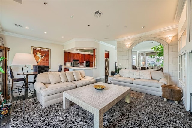 1609 Hidden Spring Dr, Las Vegas, NV 89117 - living area with ornamental molding, baseboards, decorative columns, and recessed lighting