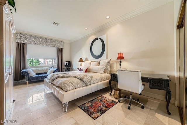 1609 Hidden Spring Dr, Las Vegas, NV 89117 - bedroom featuring crown molding, an office area, light tile patterned floors, and recessed lighting