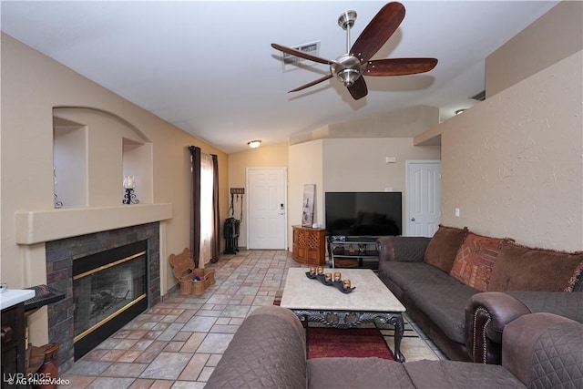 3913 Lilac Haze St, Las Vegas, NV 89147 - living area with a ceiling fan, a fireplace, and lofted ceiling