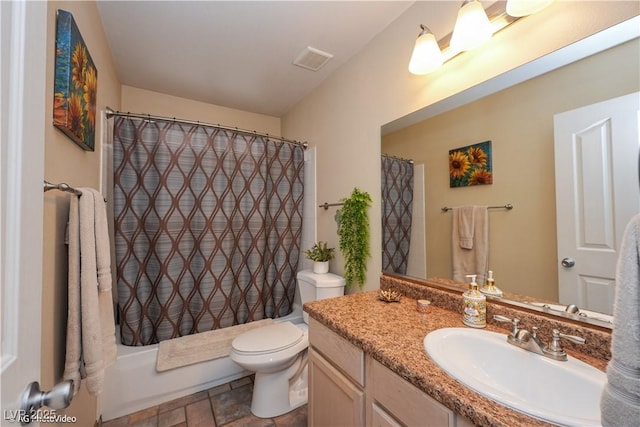 3913 Lilac Haze St, Las Vegas, NV 89147 - bathroom with vanity, toilet, shower / tub combo with curtain, and stone finish floors