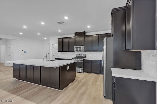 9570 Thistle Creek Ave, Las Vegas, NV 89178 - kitchen with appliances with stainless steel finishes, light wood-style flooring, a center island with sink, backsplash, and light countertops