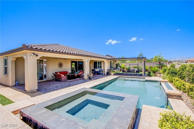 8298 W Agate Ave, Las Vegas, NV 89113 - view of pool with an in-ground hot tub, an outdoor hangout area, a patio, and a ceiling fan