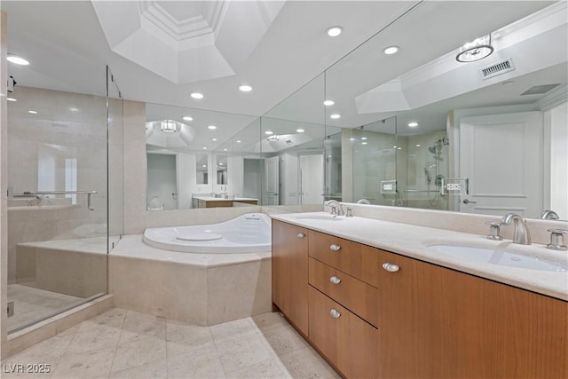 2777 Paradise Rd Unit 1002, Las Vegas, NV 89109 - full bathroom with a bath, a shower stall, double vanity, recessed lighting, and tile patterned flooring