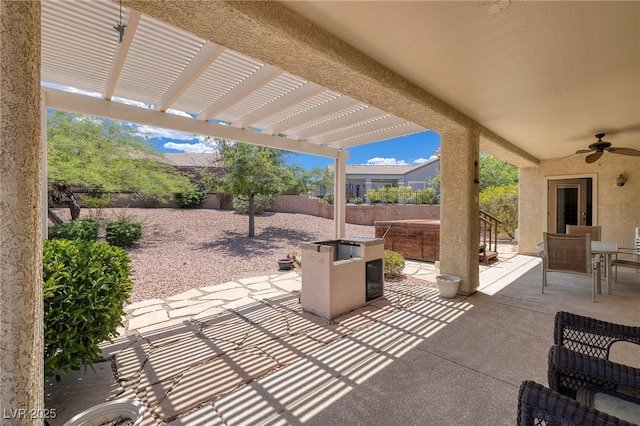 1620 Fieldbrook St, Henderson, NV 89052 - fenced backyard featuring outdoor dining space, a patio area, a pergola, and ceiling fan