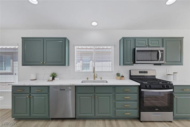 4369 Meadowlark Wing Way N, Las Vegas, NV 89084 - kitchen with appliances with stainless steel finishes, green cabinets, and light wood-type flooring
