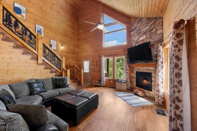 4830 Silver Tip Way, Mount Charleston, NV 89124 - living room featuring high vaulted ceiling, wood walls, stairs, wood finished floors, and a fireplace