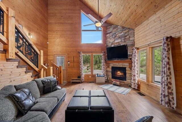 4830 Silver Tip Way, Mount Charleston, NV 89124 - living area featuring high vaulted ceiling, wood walls, a fireplace, hardwood / wood-style flooring, and ceiling fan